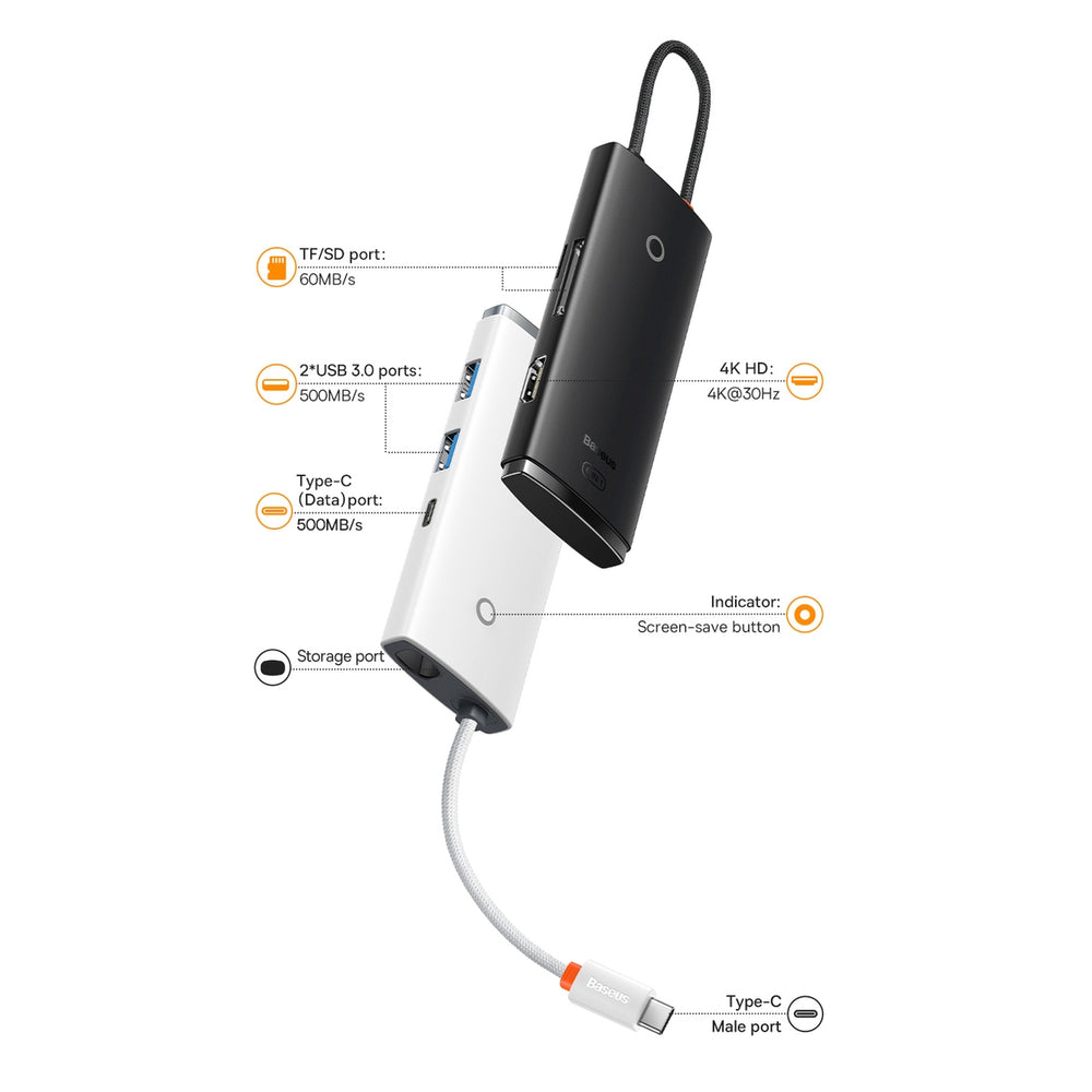 Baseus Lite Series multifunktionel USB Type C HUB - 2 x USB 3.0 / USB Type C / HDMI 1.4 / SD/TF OTG sort (WKQX050001)