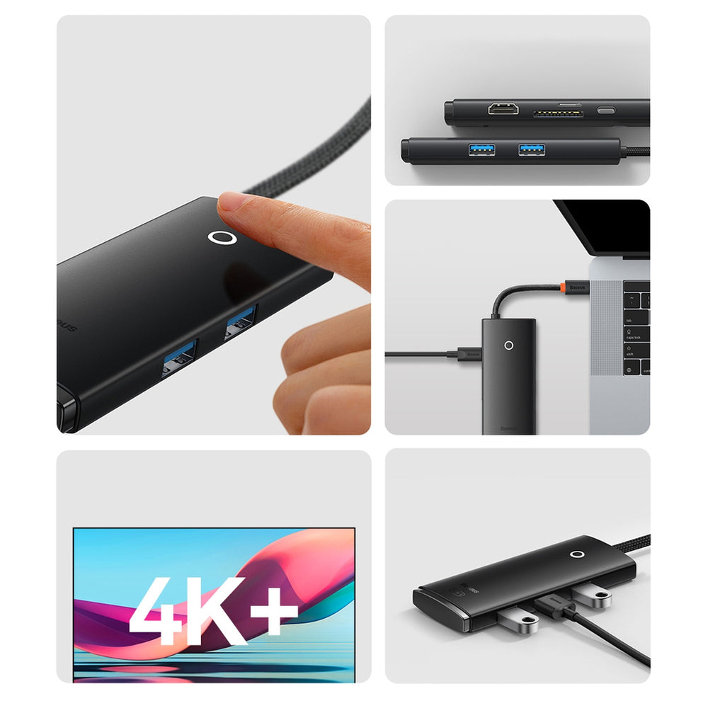 Baseus Lite Series multifunktionel HUB USB Type C - 2 x USB 3.0 / USB Type C PD / HDMI 1,4 / SD / TF sort (WKQX050101)