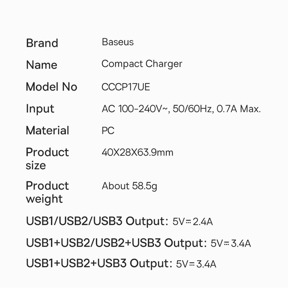 Baseus Compact oplader 3x USB 17W sort (CCXJ020101)