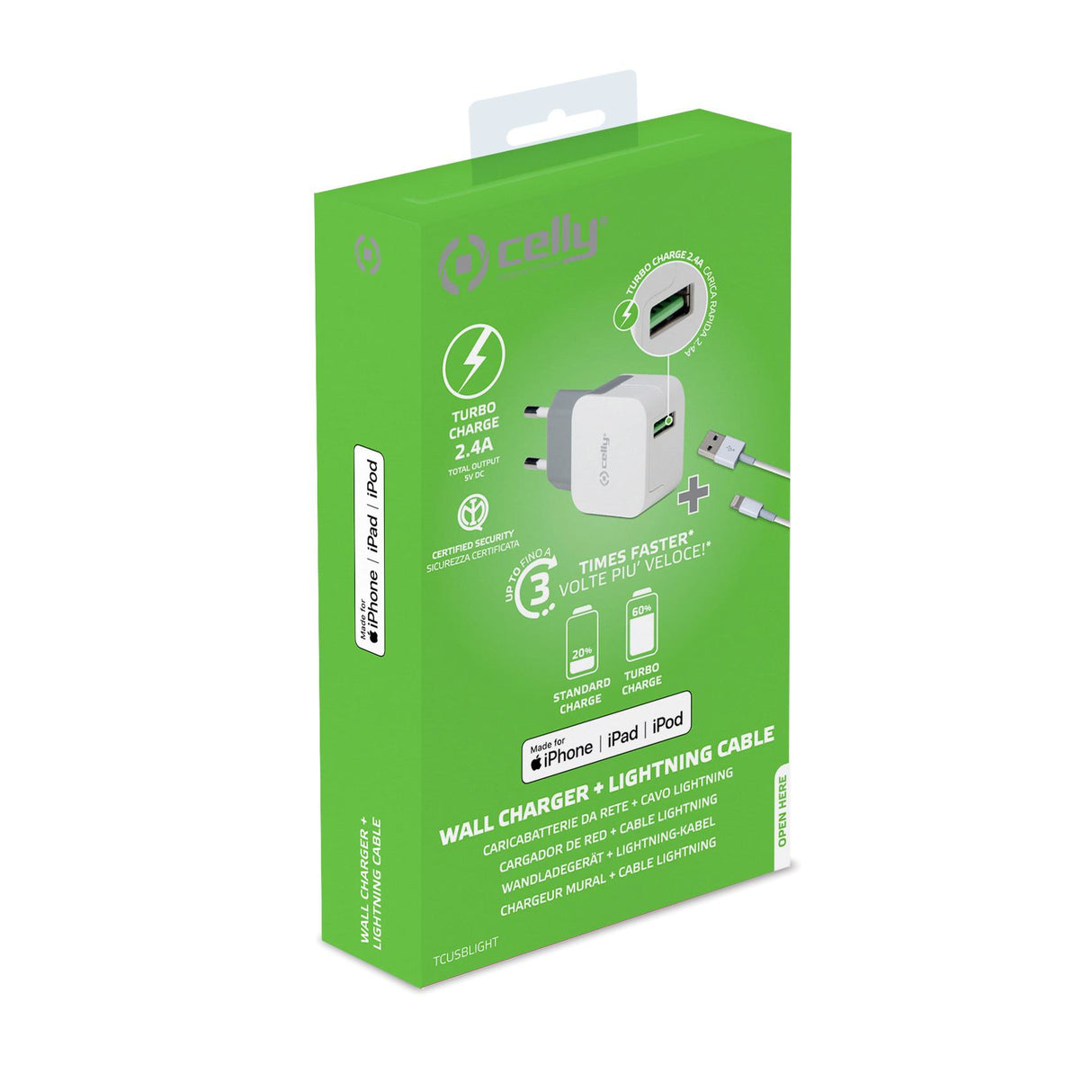 Celly Wall Charger + USB-A to Lightning Cable 12W White (1M)