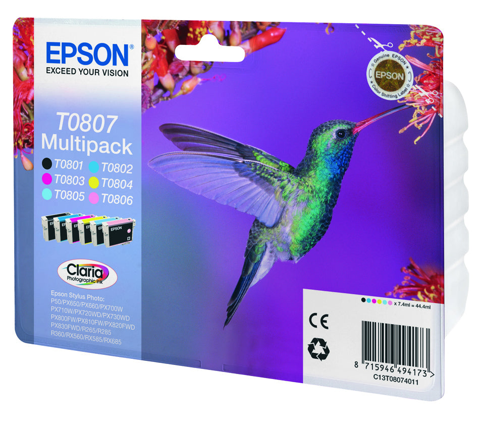 Epson Hummingbird T0807 blækpatron 1 stk Original Sort, Blå, Lys cyan, Lys magenta, Magenta, Gul
