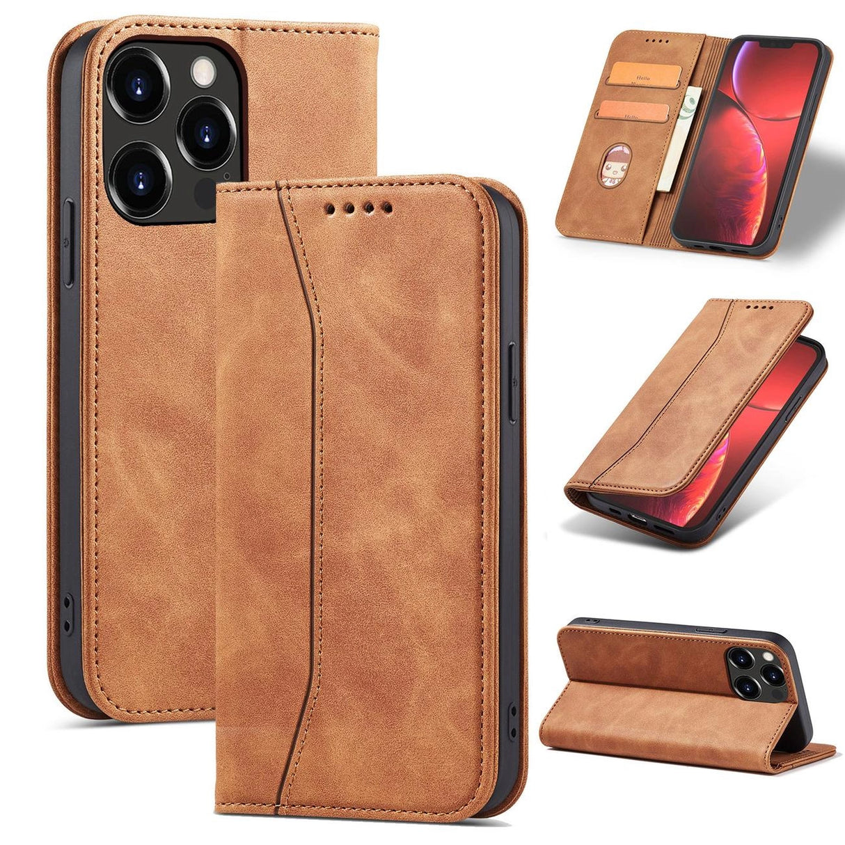 Magnet Fancy Case Case for iPhone 13 Pro Max lommekort Wallet Card Holder Brown