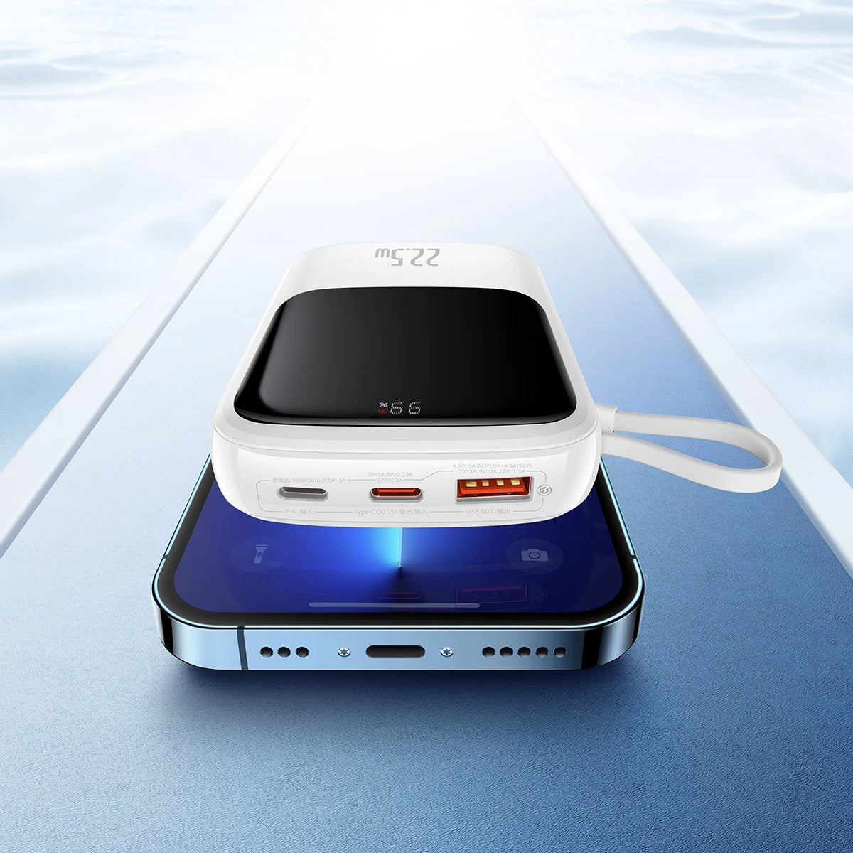 Baseus Qpow power bank 10000mAh indbygget USB Type-C kabel 22,5W Quick Charge SCP AFC FCP hvid (PPQD020102)