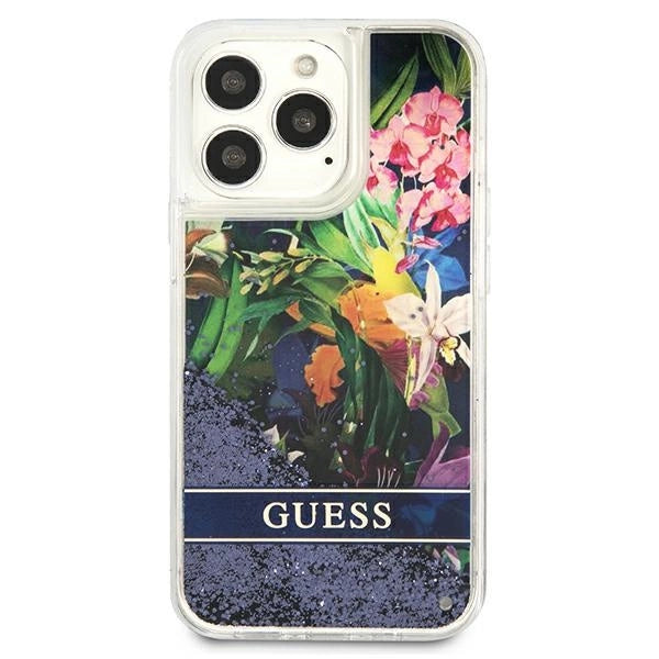 Guess GUHCP13LLFLSB iPhone 13 Pro / 13 6.1" blå/blå hardcase Flower Liquid Glitter