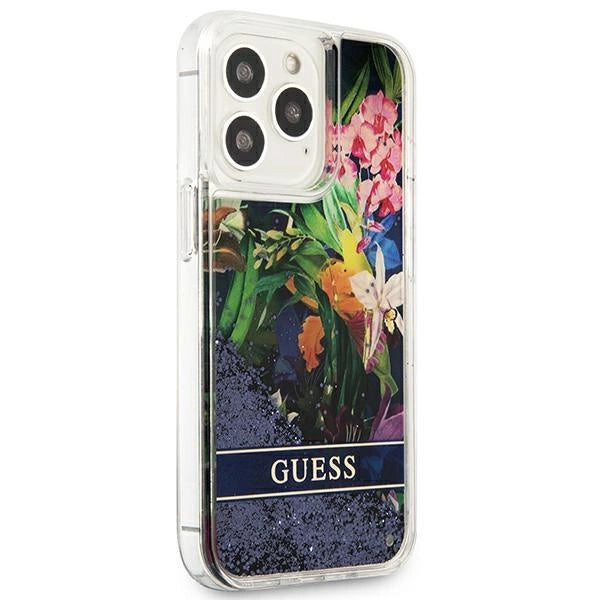 Guess GUHCP13LLFLSB iPhone 13 Pro / 13 6.1" blå/blå hardcase Flower Liquid Glitter