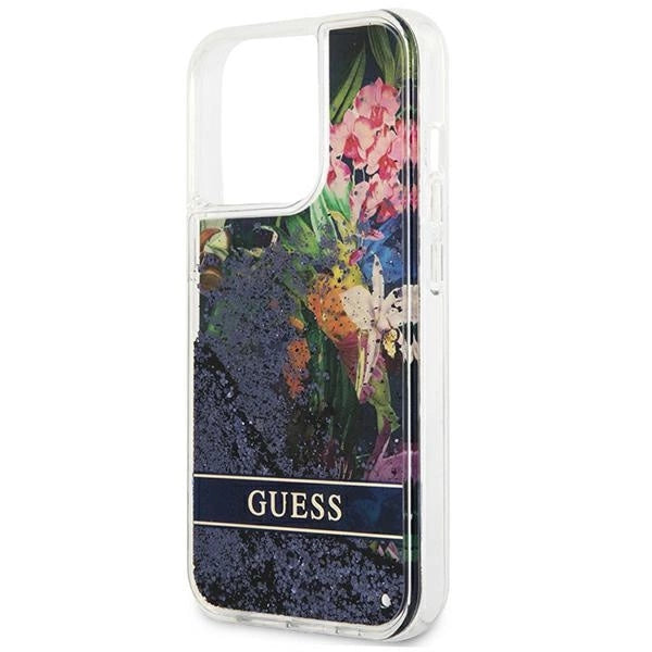 Guess GUHCP13LLFLSB iPhone 13 Pro / 13 6.1" blå/blå hardcase Flower Liquid Glitter