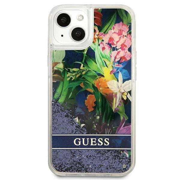Guess GUHCP13SLFLSB iPhone 13 mini 5.4" blå/blå hardcase Flower Liquid Glitter