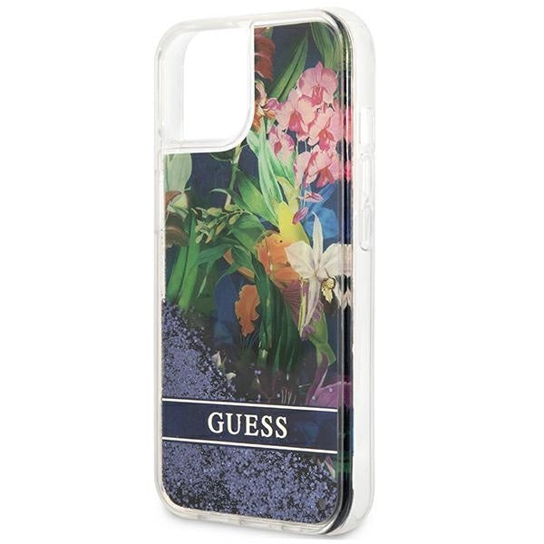 Guess GUHCP13SLFLSB iPhone 13 mini 5.4" blå/blå hardcase Flower Liquid Glitter