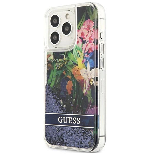 Guess Flower Liquid Glitter case til iPhone 13 Pro Max - blå