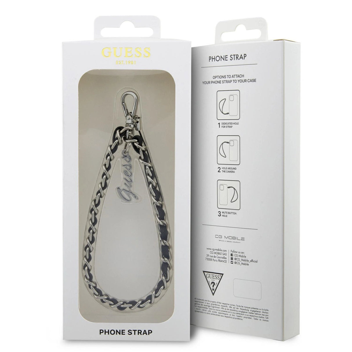 Guess GUSTSASSK Telefonrem sort/sort kæde metal logo charme