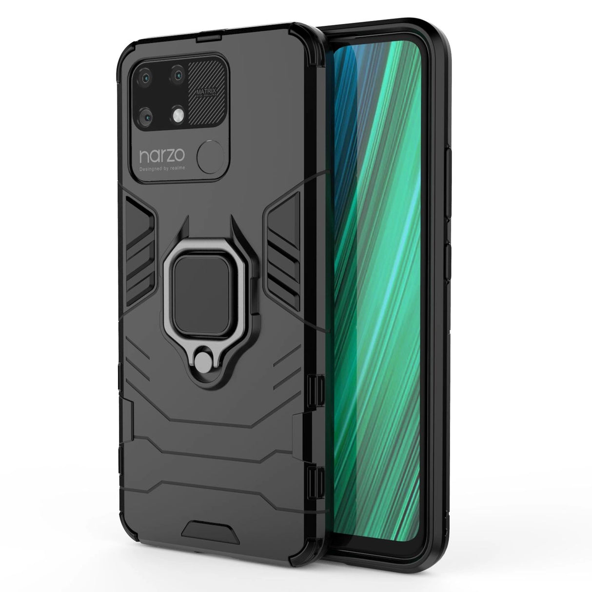 Ring Armor robust hybrid case cover + magnetisk holder Realme Narzo 50A sort