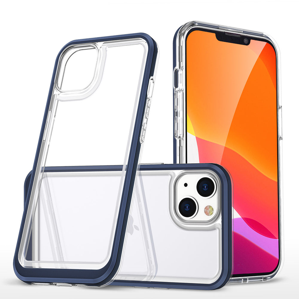 Gennemsigtige 3in1 fodtøj til iPhone 14 Plus silikone dække med blå ramme