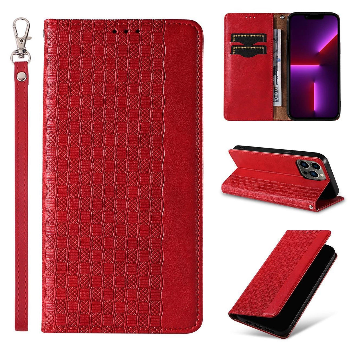 Magnet Strap Case for iPhone 14 Flip Wallet Mini Lanyard Stand Red