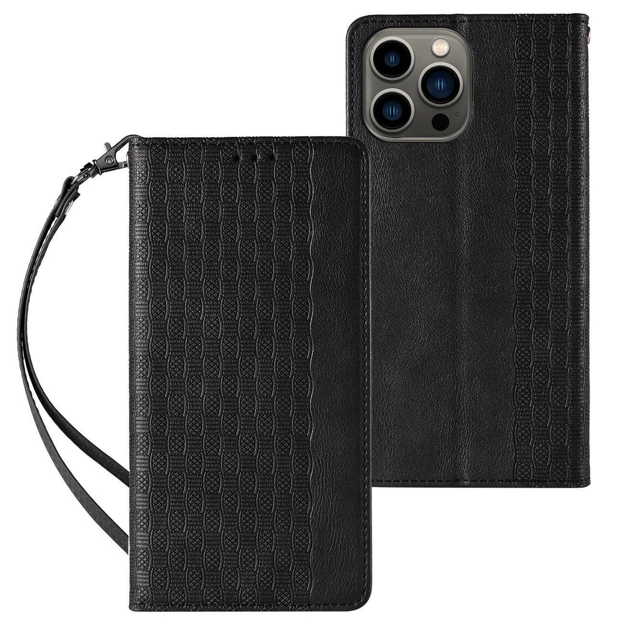 Magnet Strap Case til iPhone 14 Pro Flip Wallet Mini Lanyard Stand Sort
