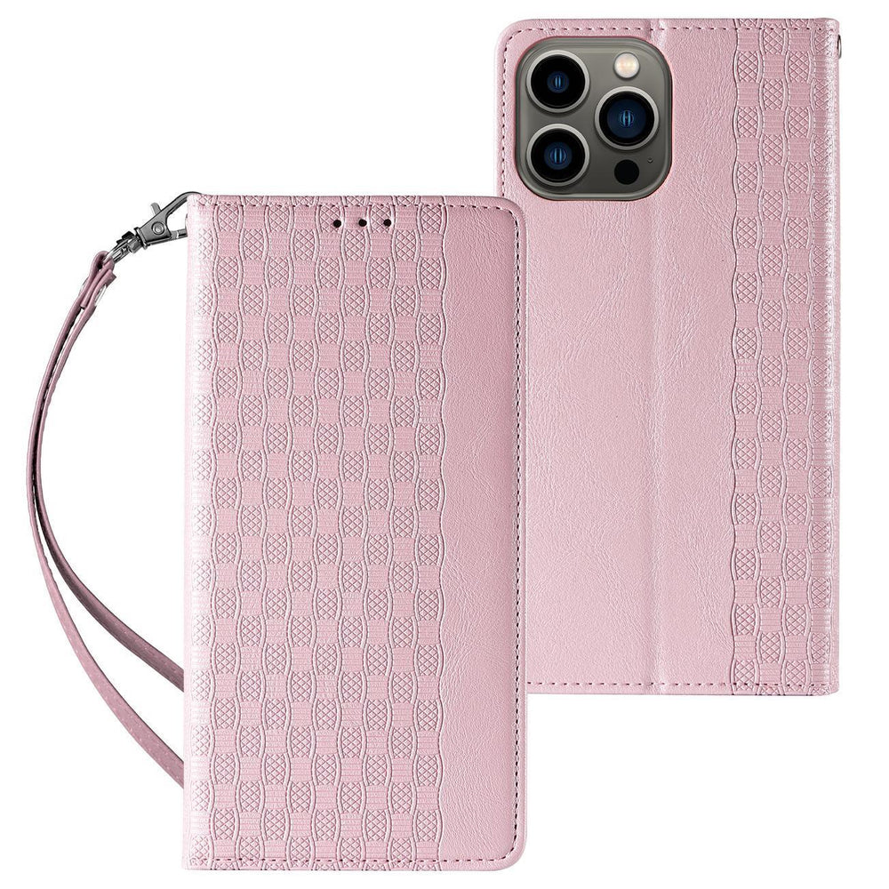 Magnet Strap Case Case for iPhone 14 Pro Max Flip Wallet Mini Lanyard Stand Pink
