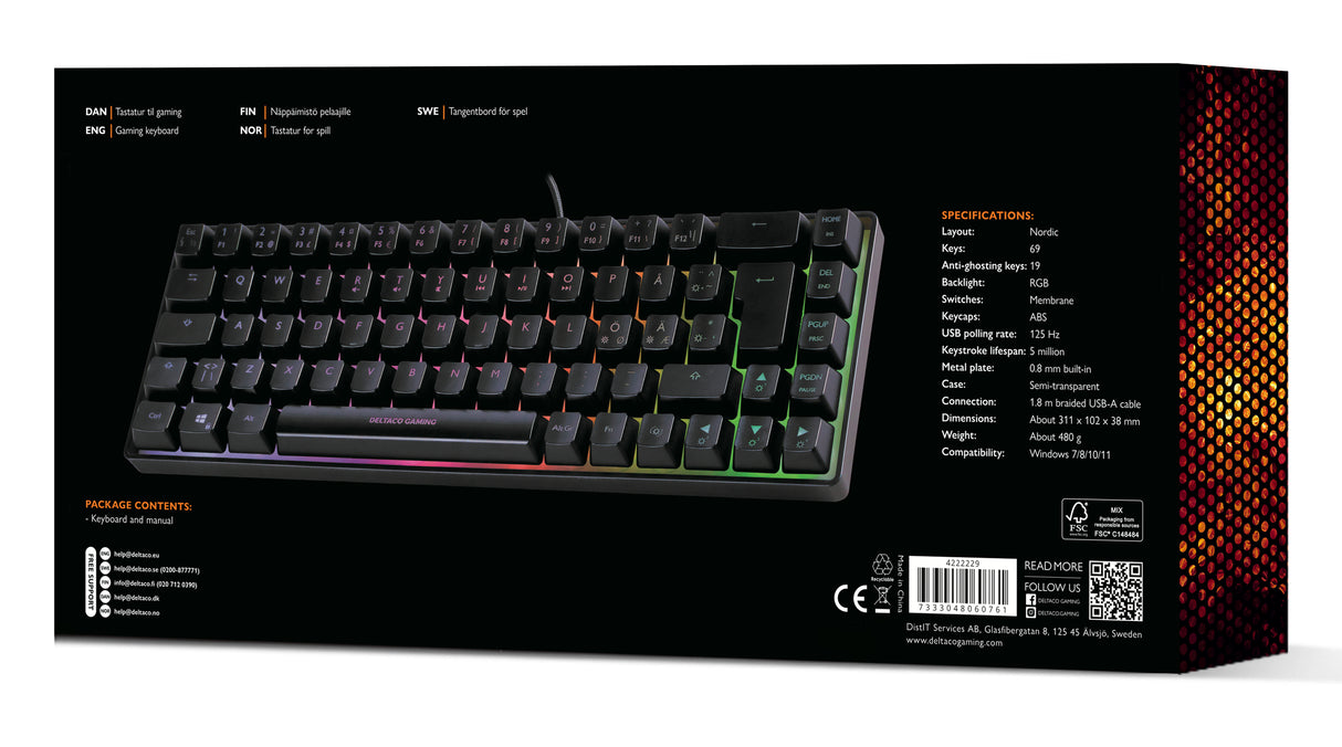 Deltaco Gaming DK240 60% keyboard, semi transparent case bla