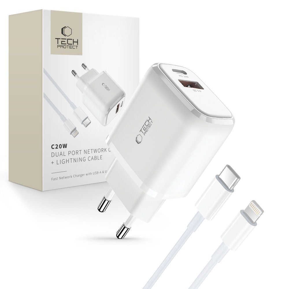 Tech Protect C20 W 2 Port Netværksopladder Pd 20 W / Qc3.0 + Lightning Kabel Hvid