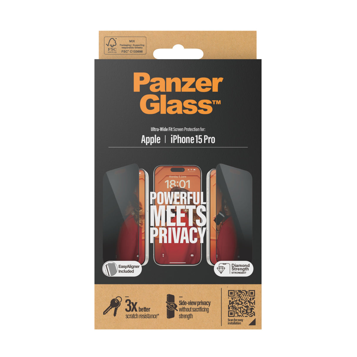 PanzerGlass ® Privacy Skærmbeskyttelse iPhone 15 Pro | Ultra-Wide Fit m. EasyAligner