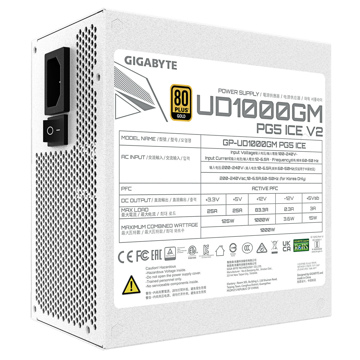 GIGABYTE UD1000GM PG5 V2 ICE enhed til strømforsyning 1000 W 20+4 pin ATX ATX Hvid