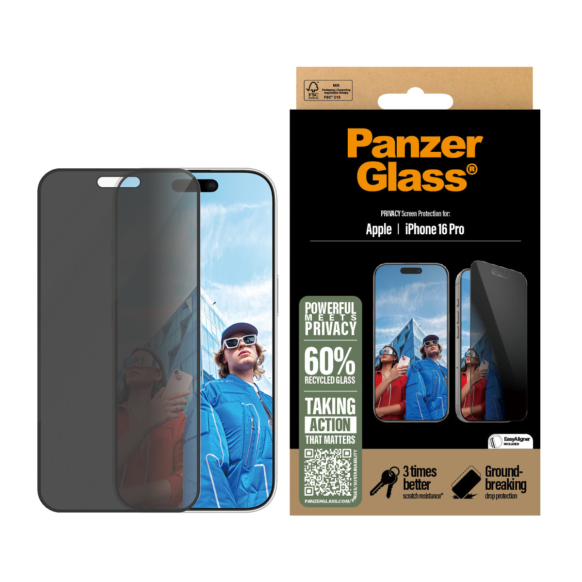 PanzerGlass Privacy Screen Protector iPhone 16 Pro - Ultra-Wide Fit