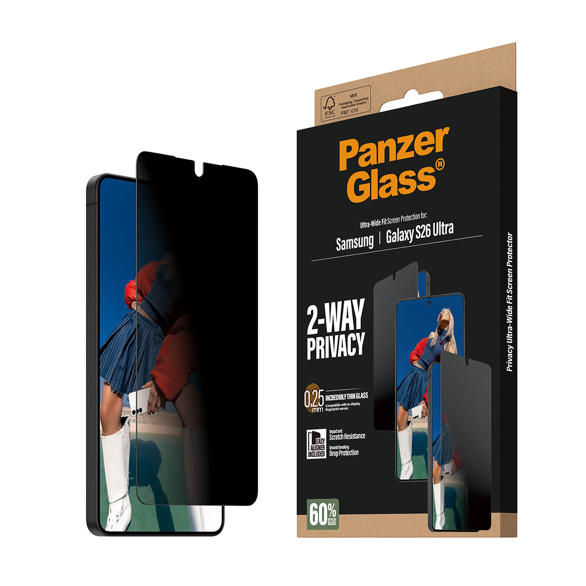 PanzerGlass 2-Way Privacy Screen Protector Samsung Galaxy S26 Ultra | Ultra-Wide Fit w. EasyAligner