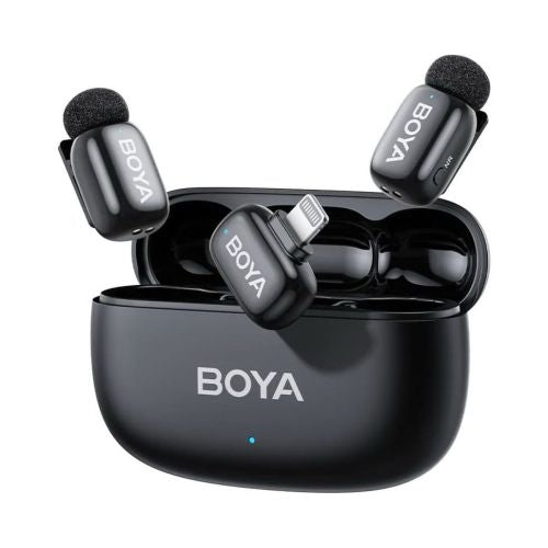 BOYA Mikrofon Trådløs Mini 2-03 2.4GHz, AI Powered Noise Cancellation med 2 sendere og 1 modtager (Lightning) Black EU