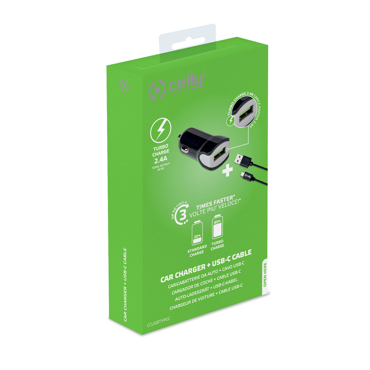 Celly Car Charger + USB-A to USB-C Cable 12W Black (1M)