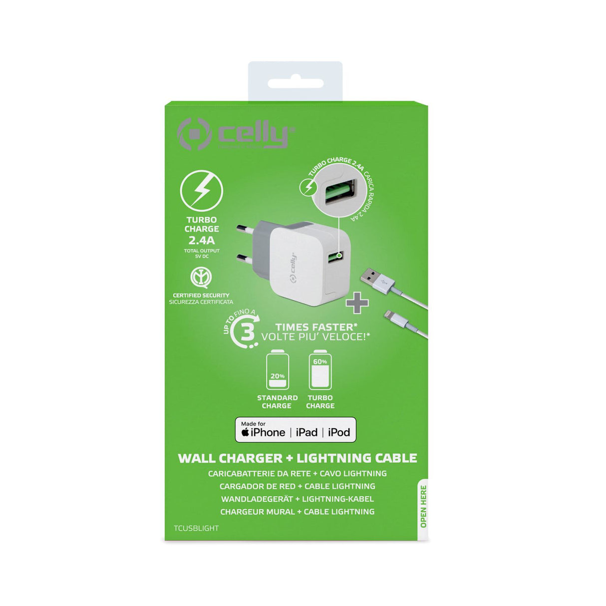 Celly Wall Charger + USB-A to Lightning Cable 12W White (1M)