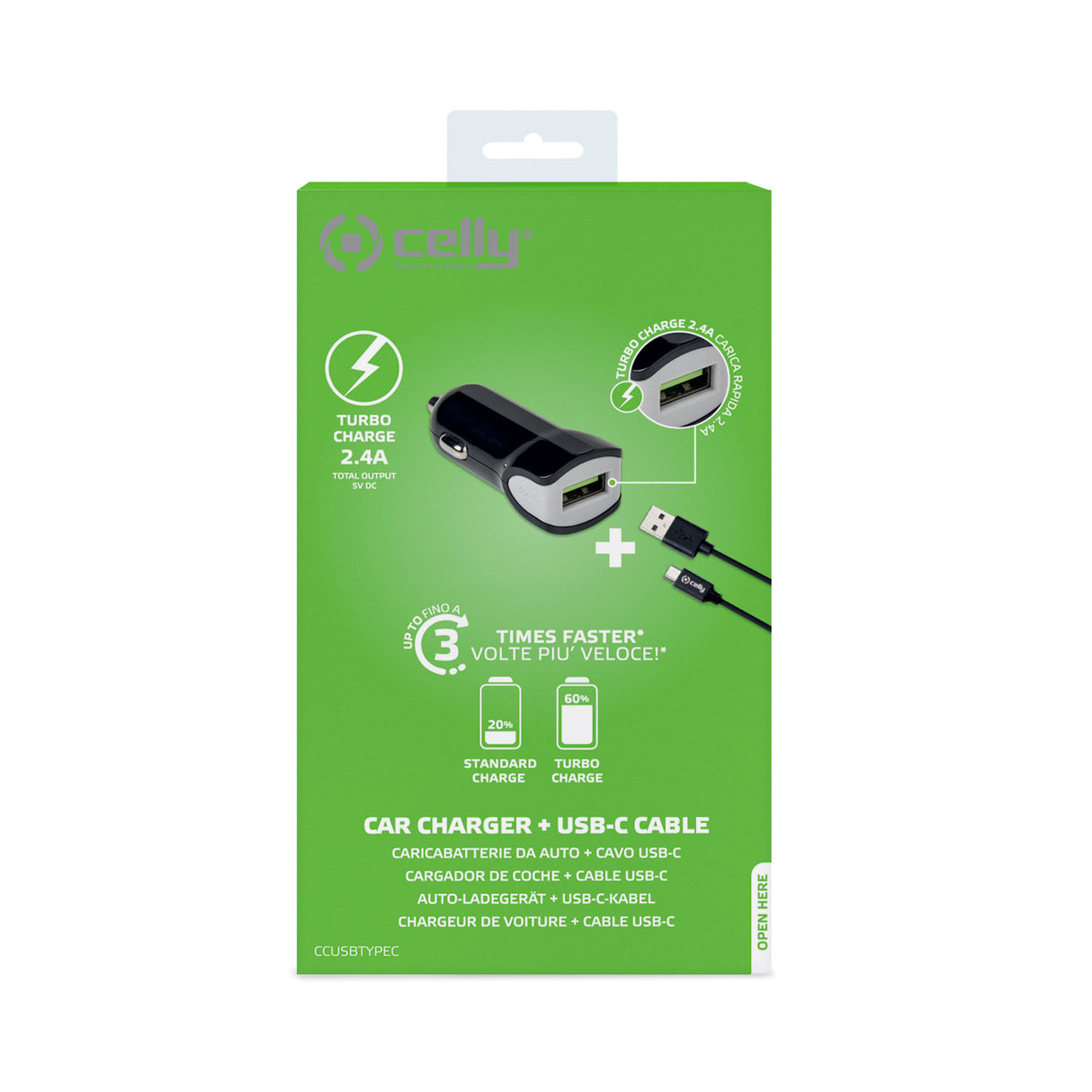 Celly Car Charger + USB-A to USB-C Cable 12W Black (1M)