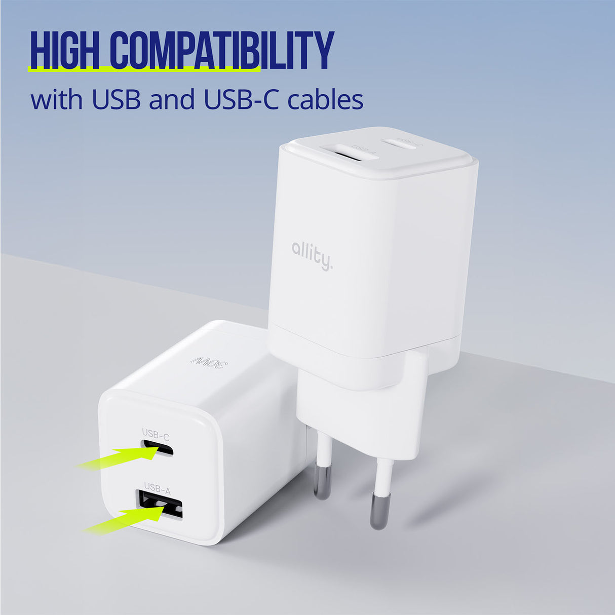 Allity wall charger GaN PD QC ATC-01-30WAC 1x USB-C 1x USB-A 30W white