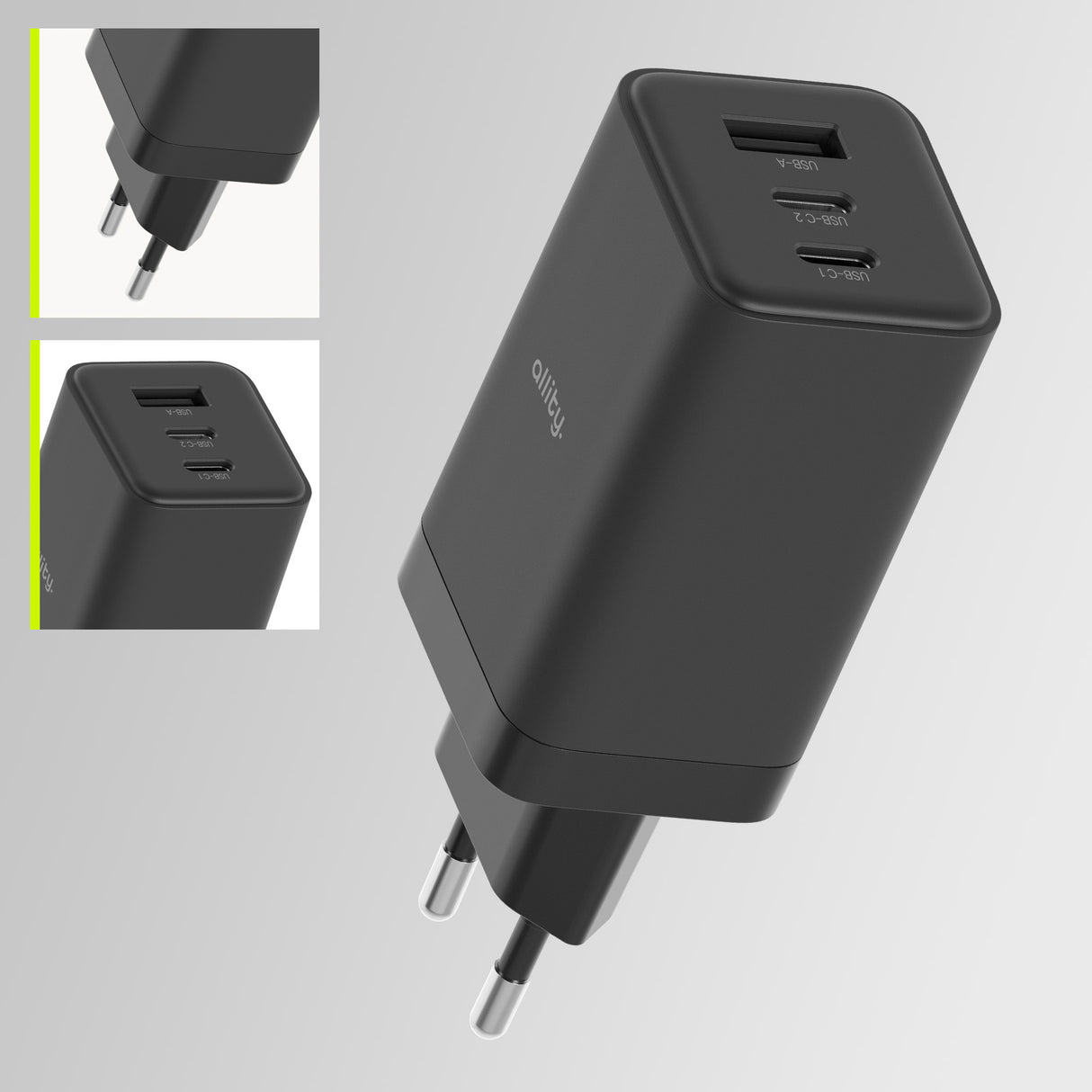 Allity wall charger GaN PD QC ATC-01-65WACC 2x USB-C 1x USB-A 65W black