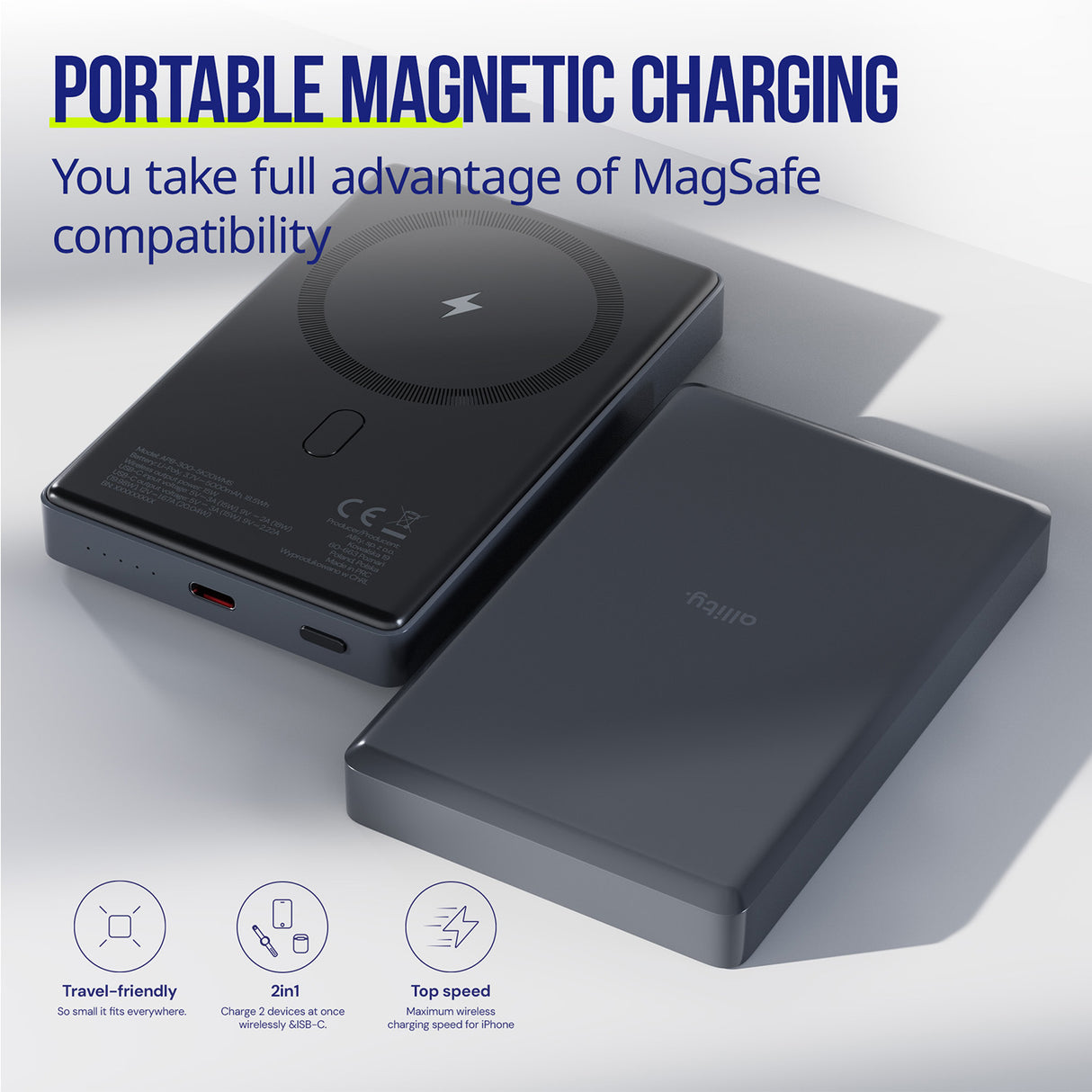 Allity wireless power bank APB-300 PD QC 20W 10000 mAh magnetic gray