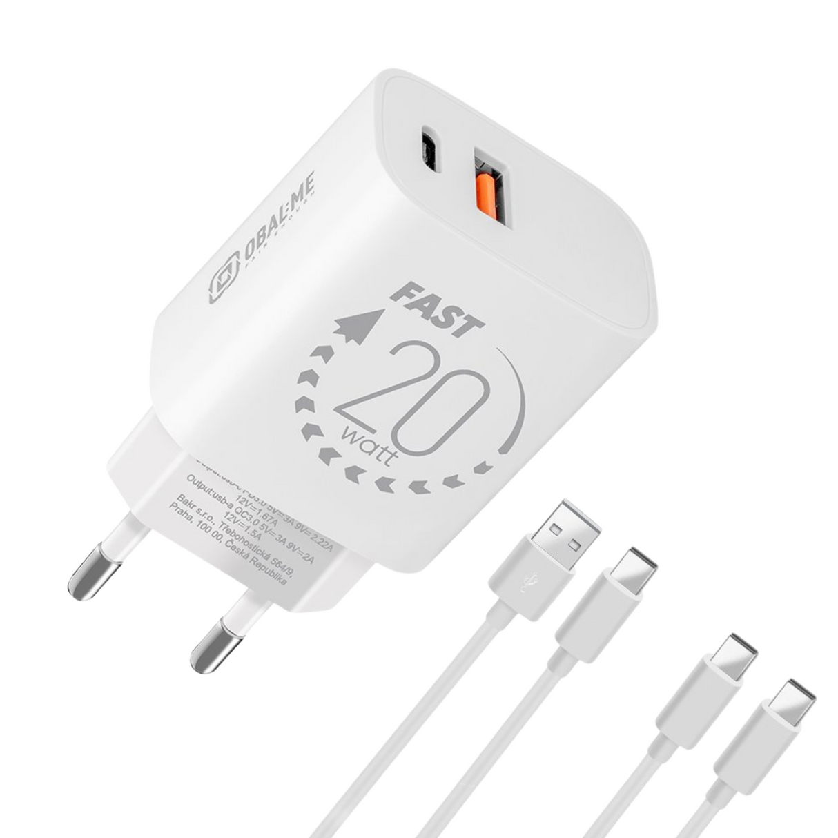 OBAL:ME Wall Charger USB-A + USB-C 20W + 2x Cable 1m White
