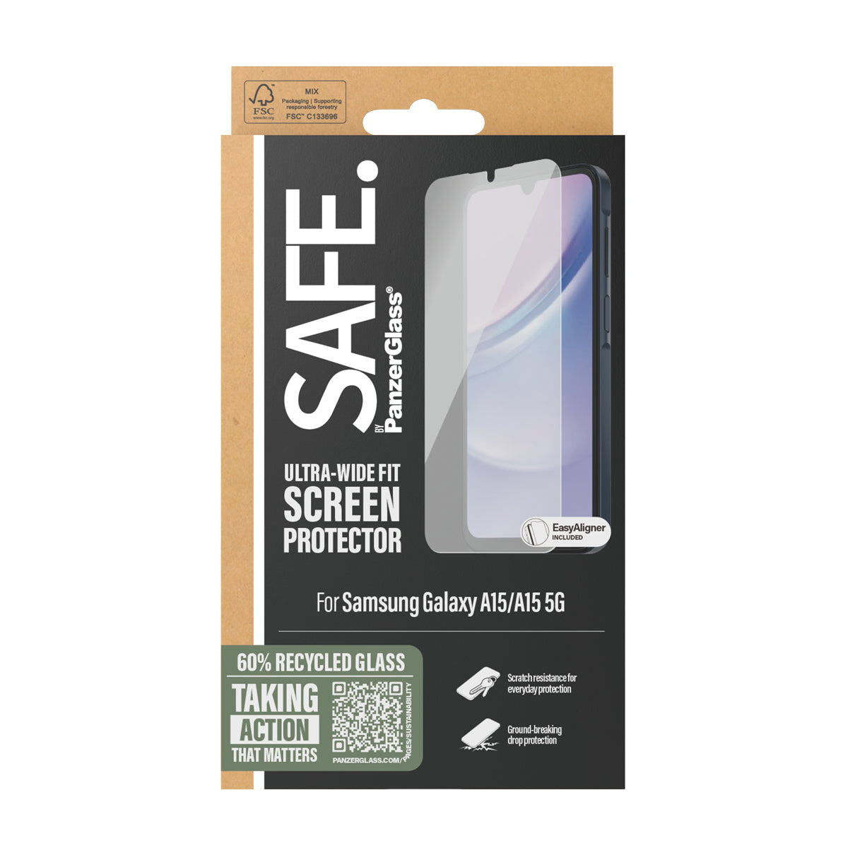 PanzerGlass SAFE. by ® Skærmbeskyttelse by Samsung Galaxy A15 | A15 5G | Ultra-Wide Fit m. EasyAligner