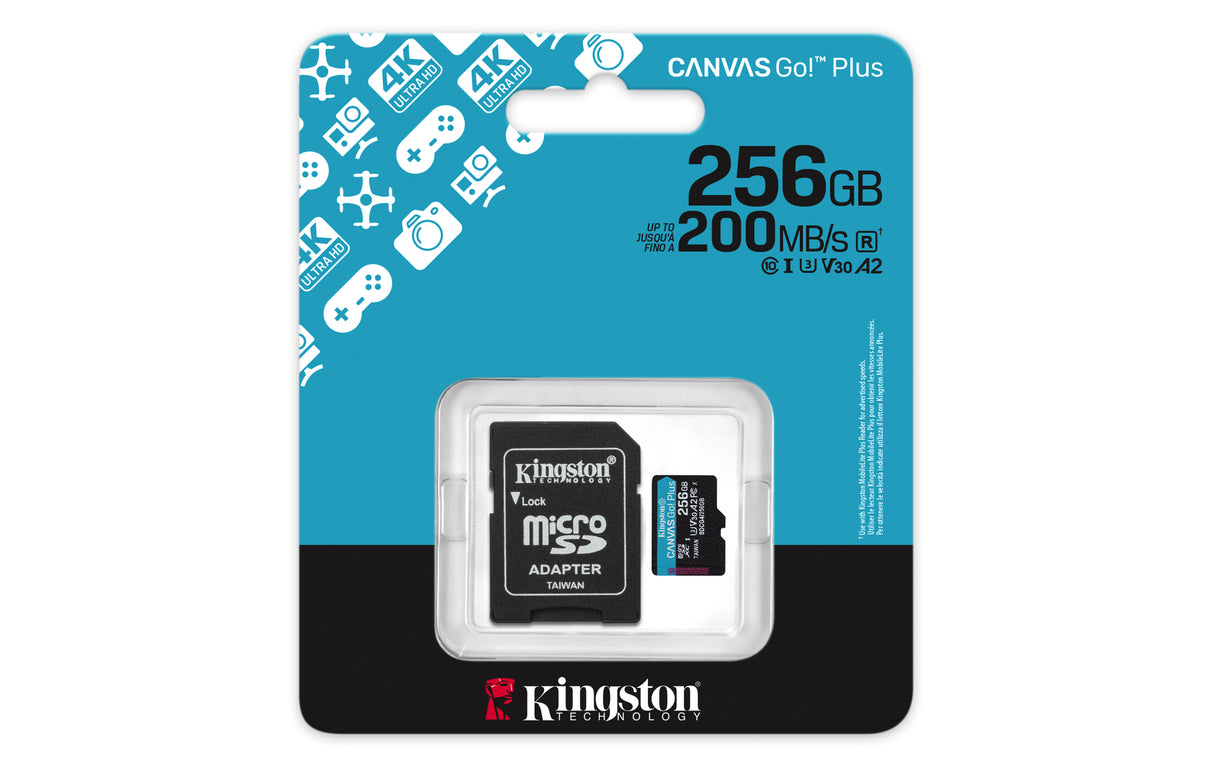 Kingston Technology 256 GB microSDXC Canvas Go! Plus Gen4 200 MB/s A2 U3 V30-kort + adapter