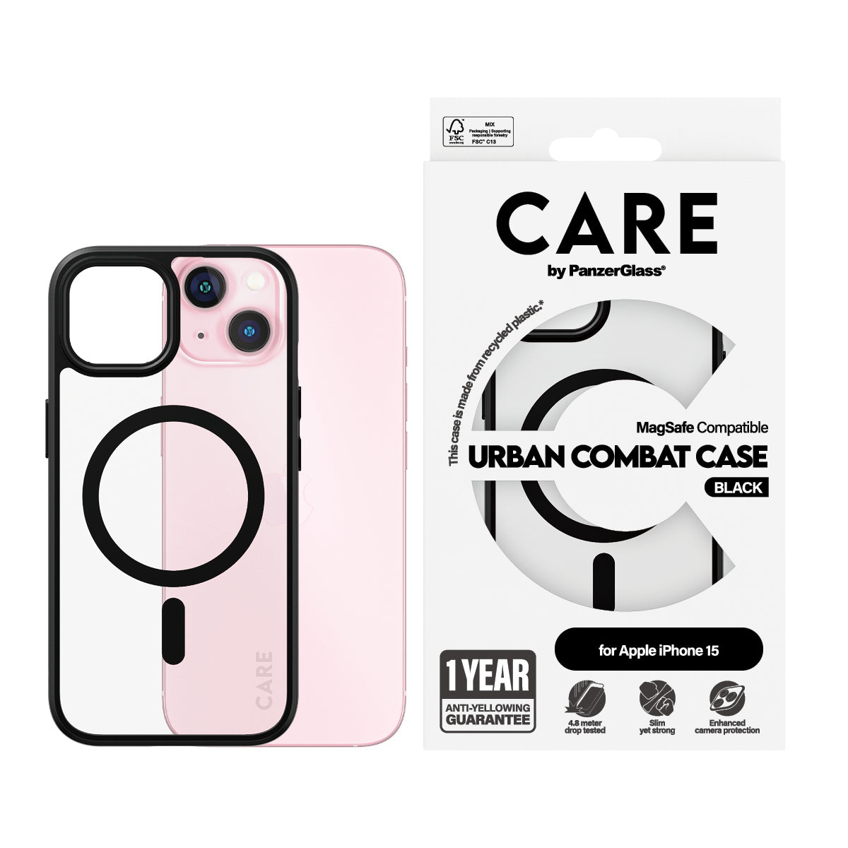 PanzerGlass CARE by ® Flagship Case Transparent Urban Combat m. Sort MagSafe iPhone 15
