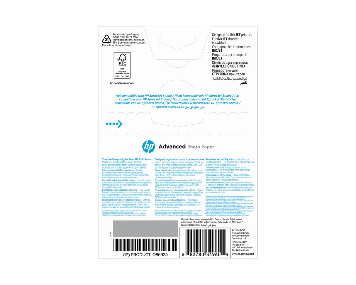 HP Advanced-fotopapir, blankt, 250 g/m2, 10 x 15 cm (101 x 152 mm), 100 ark