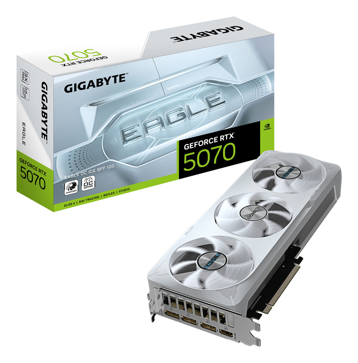 GIGABYTE GeForce RTX 5070 EAGLE OC ICE SFF 12G Graphics Card - 12GB GDDR7, 192bit, PCI-E 5.0, 2587 MHz Core Clock, 3 x DP 2.1a, 1 x HDMI 2.1b, NVIDIA DLSS 4, GV-N5070EAGLEOC ICE-12GD