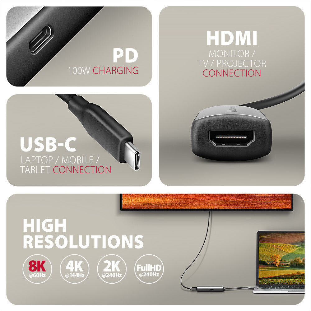 Axagon RVC-HI8KPD, USB-C -> HDMI 2.1 redukce / adaptér, 8K/60Hz, 4K/144Hz, HDR10+, PD100W 0,16 m USB Type-C HDMI + USB Type-C