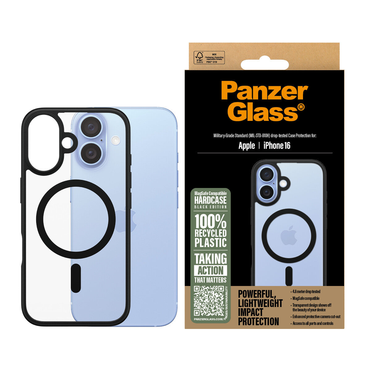 PanzerGlass ® HardCase Transparent m. Sort MagSafe & Ramme iPhone 16