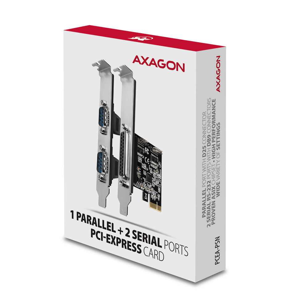 Axagon PCEA-PSN PCIe-Adapter mit 1x Parallel-+ 2x Seriell-Ports - ASIX AX99100 interface-kort/adapter Intern Parallel, RS-232