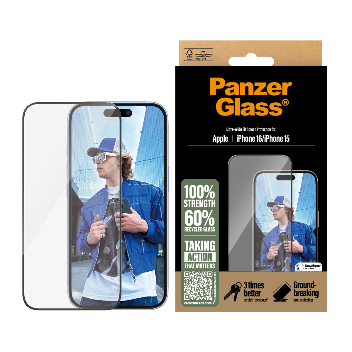 PanzerGlass ® Skærmbeskyttelse iPhone 16 | 15 | Ultra-Wide Fit