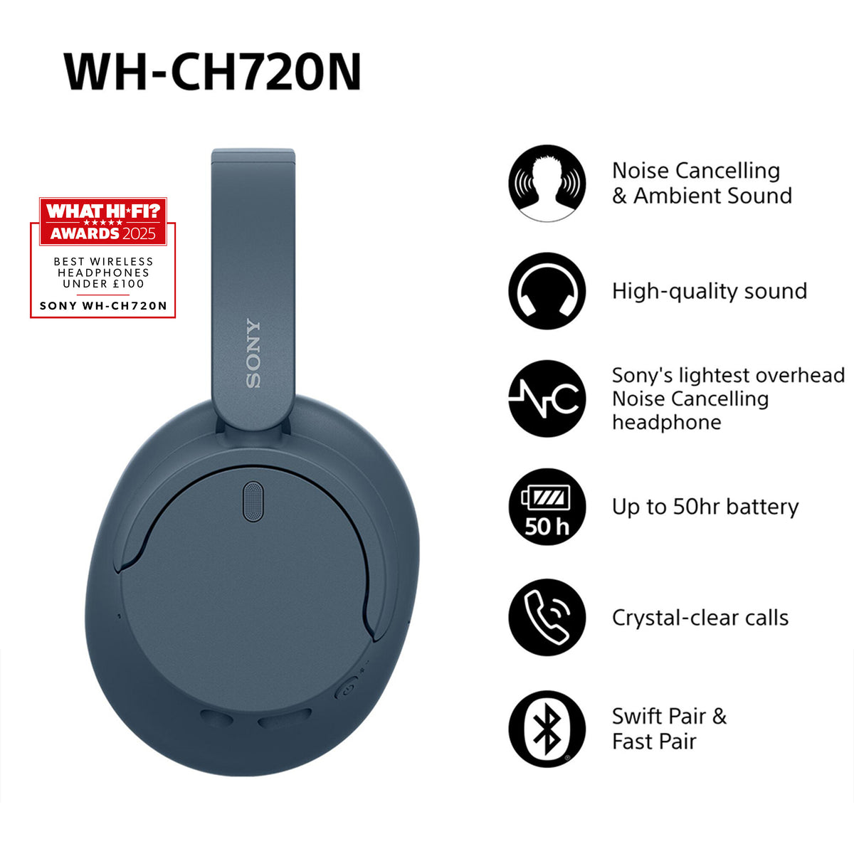 Sony WH-CH720N Wireless Noise Cancelling Headphones, Blue