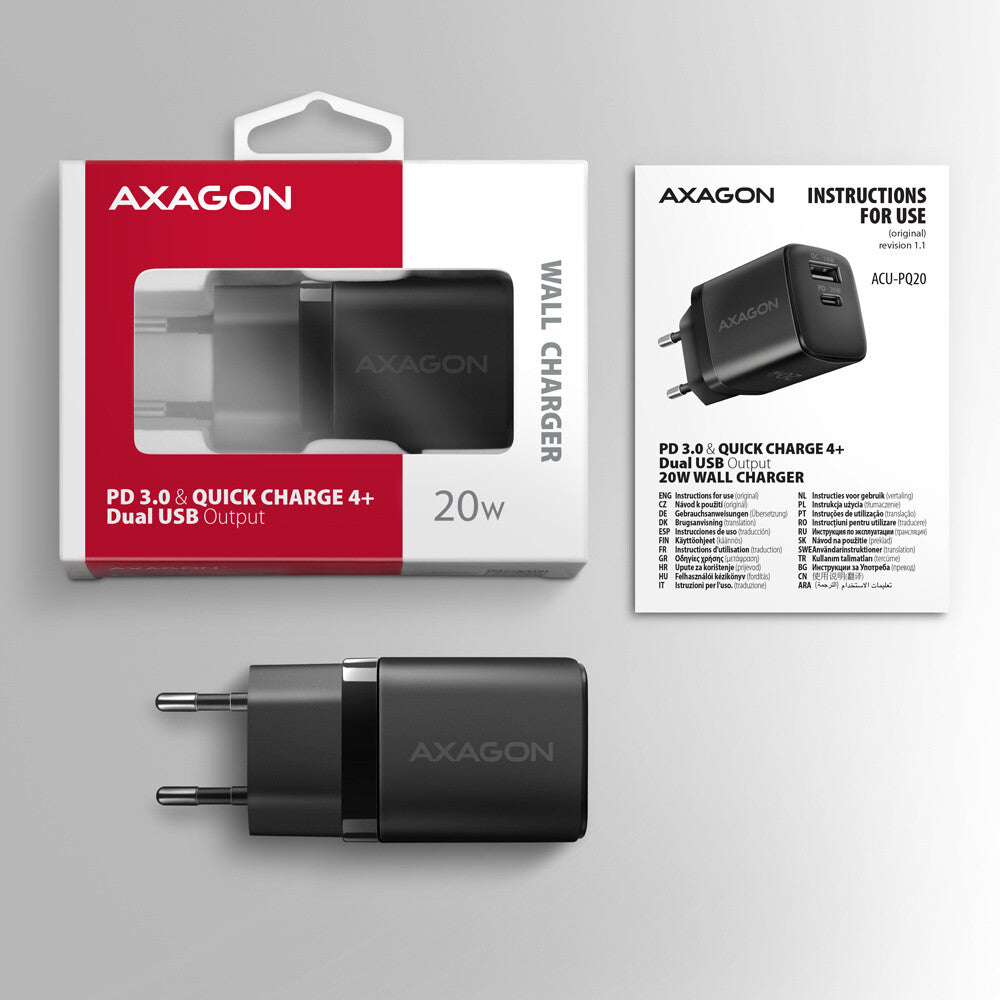 Axagon ACU-PQ20 wall charger QC3.0/AFC/FCP+ PD type-C 20 W - schwarz - USB Typ C Mobiltelefon, Smartphone, SmartWatch, Tablet, Universel Sort Vekselstrøm Hurtig opladning Indendørs
