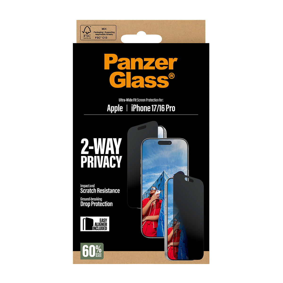 PanzerGlass ® 2-Way Privacy Skærmbeskyttelse iPhone 17 | iPhone 16 Pro | Ultra-Wide Fit m. EasyAligner