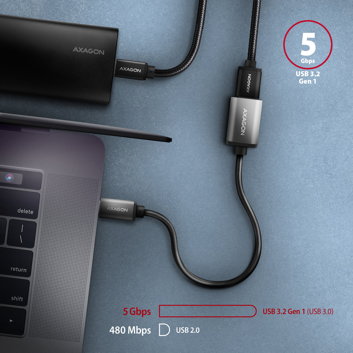 AXAGON USB-C adapter 20cm Sort