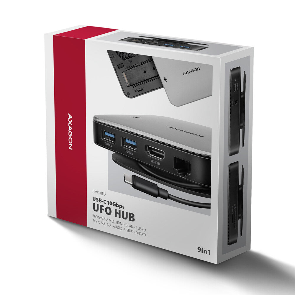 Axagon HMC-UFO USB-C Hub M.2 SATA/NVMe 1 Gbit/s Ethernet 384 kHz Audio Ledningsført USB 3.2 Gen 2 (3.1 Gen 2) Type-C Sort