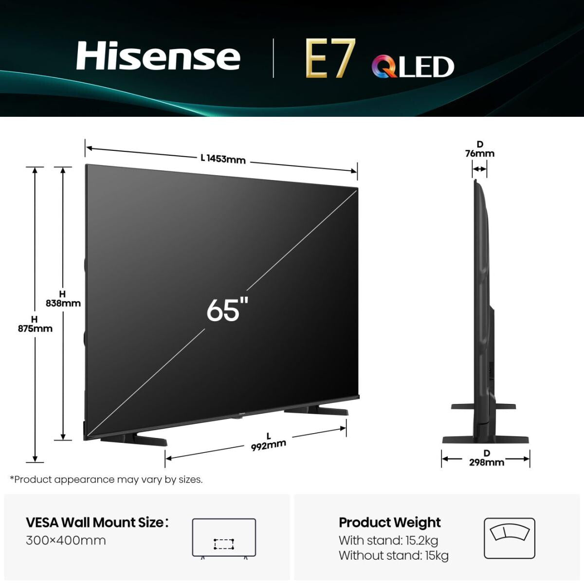 Hisense 65E7Q 165,1 cm (65") 4K Ultra HD Smart TV Wi-Fi Sort