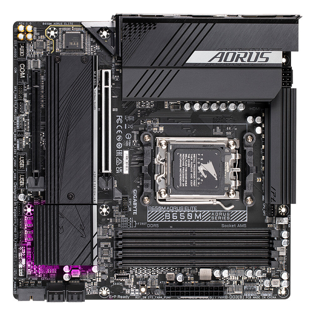 GIGABYTE B650M AORUS ELITE Motherboard - AMD Ryzen 9000 CPUs, 12+2+2 Phases VRM, up to 8000MHz DDR5, 1xPCIe 5.0 + 1xPCIe 4.0 M.2, 2.5GbE LAN, USB 3.2 Gen 2x2