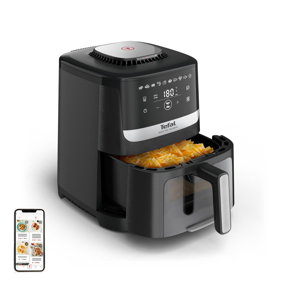 Tefal Easy Fry Silence EY5568E0 frituregryde Enkelt 5 L Enkeltstående Varmluftsteger Sort, Rustfrit stål